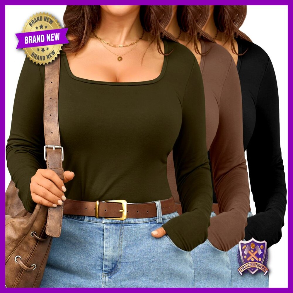 Plus Size Long Sleeve T-Shirts 3 Pack Square Neck Slim Fit Stretchy